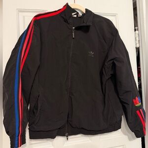 Adidas Black Track Jacket with Red & Blue Stripes Unisex